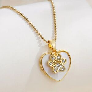 Stainless Steel Gold-plated Zirconia Inlaid Necklace with Pet Paw Heart Pendant